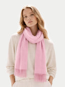Cashmere Fringed Scarf Sweet Lilac worn by model, detail view on white background #color_sweet-lilac