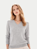 Timeless Cashmere V-Neck Sweater High Rise worn by model, detail view, on white background