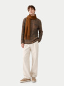 Cashmere Fringed Scarf Otter worn by model, detail view on white background