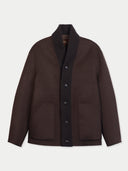 A dark brown wool cardigan with a contrasting dark charcoal gray ribbed knit collar, button placket, and front pockets, shown flat on a light gray background.