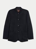 A black wool-blend jacket with a mandarin collar, three-button front closure, and large front patch pockets, shown flat against a light gray background.