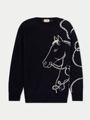 Men's  Black Cashmere Horse Jacquard Sweater detail view on white background