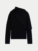 Women's Black Cashmere Sweater with Draped Scarf , detail view on white background