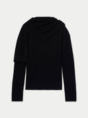 Women's Black Cashmere Sweater with Draped Scarf back view on white background