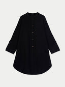 Women's Black Cashmere Button-Front Poncho  detail view on white background
