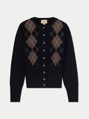 Women's Black Cashmere Argyle Cardigan detail view on white background