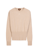 Natural Color Cashmere Cinched-Waist Sweater in beige with ribbed trims and GOBI logo.