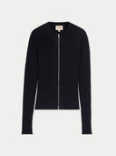 Women's Black Cashmere Two-Way Zip Cardigan detail view on white background