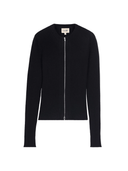 Cashmere two-way zip cardigan in black with long sleeves and ribbed knit design, featuring a clean neckline.