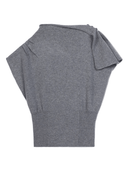 cashmere asymmetrical top for women in steel gray with a relaxed overlay and shoulder button closures.