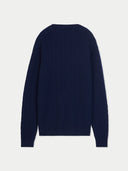 Men's Navy Cashmere Cable-Knit Sweater back view on white background #color_navy-blue
