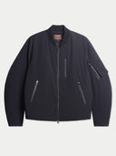 Flat lay of the CashmereTech bomber jacket in black with a ribbed stand collar, full-length zip and zip pockets.