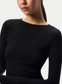 Close-up of the Black jersey top on a model, showing the slim fit and long sleeves