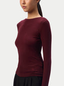 Detail of the boat neckline and smooth jersey of the Zinfandel CashmereTech top