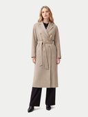 Model wearing the Women’s Double-Breasted Cashmere Coat in Taupe, full-length front view