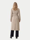 Model wearing the Women’s Double-Breasted Cashmere Coat in Taupe, back view