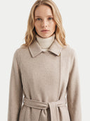 Model wearing the Natural Color Cashmere Wrap Coat with Belt in Taupe, close-up of the collar and belt