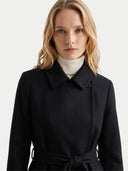 Model wearing the Cashmere Wrap Coat with Belt in Black, close-up of the collar and belt