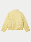 A pale yellow quilted jacket shown from the back, featuring a collar and long sleeves, photographed against a light gray background.