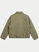 The back view of an olive green puffer jacket with a small tonal logo on the upper back, displayed against a light gray background.