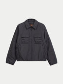 A dark gray zip-up jacket with a collar and two front flap pockets, displayed flat against a light gray background.