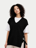 Women's V-neck Cashmere Maternity Top Black worn by model detail view on white backround
