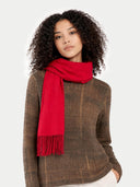 Cashmere Fringed Scarf Barberry worn by model, detail view on white background