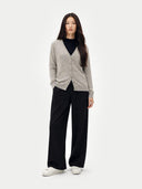 Women's Grey Cashmere V-Neck Cardigan worn by model, front view on white background