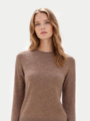 Women's Taupe Cashmere Crewneck Sweater worn by model, detail view on white background