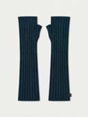A pair of navy ribbed knit fingerless gloves laid flat on a light off-white background.