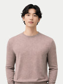 Men's Cashmere Silk C-Neck Sweater Taupe worn by model, detail view on white background