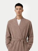 Men's Cashmere Robe Taupe worn by model, detail view on white background