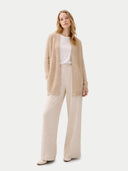 Women's Ajour Knit Open-Front Cashmere Cardigan Beige worn by model, front view on white background