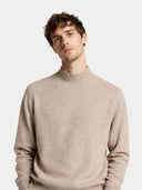 Timeless Mock Neck Cashmere Sweater Taupe worn by model, detail view, on white background