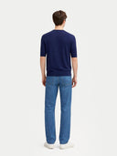 Men's Silk Cashmere Crew Neck T-Shirt worn by model, back view on white background #color_dark-indigo