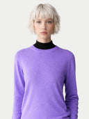 Women's Dusted Peri Cashmere Crewneck Sweater worn by model, detail view on white background