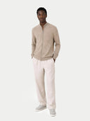 Men's Taupe Full-Zip Cashmere Cardigan worn by model, front view on white background