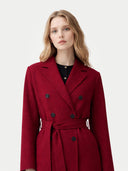 Women’s Double-Breasted Cashmere Coat Bordeaux  worn by model detail view on white background