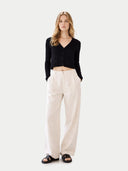 Women's Lightweight Cashmere Silk Cardigan Black worn by model, front view on white background
