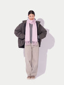 Model wearing the Cashmere Fringed Scarf in Light Purple, full-length front view