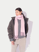 Model wearing the Cashmere Fringed Scarf in Light Purple, three-quarter view