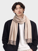 Model wearing the Natural Color Cashmere Woven Scarf in Beige, front view