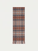 Cashmere Checked Jacquard Scarf in Beige Brown, deep brown, navy and cream check, laid flat with fringed ends.