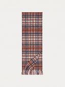 Cashmere Checked Jacquard Scarf in Beige Brown, laid flat with one corner folded over to show the fringed edge.