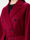 Women’s Double-Breasted Cashmere Coat Bordeaux  worn by model detail view on white background