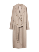 Women’s Double-Breasted Cashmere Coat in taupe with wide lapels and self-tie belt, perfect for elegance and warmth.