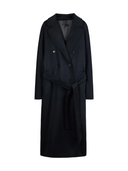 Women’s Double-Breasted Cashmere Coat in black with wide lapels and self-tie belt, perfect for elegant styling.