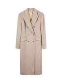 Natural Color Double-Breasted Long Coat in taupe featuring sophisticated peaked lapels and a long silhouette.