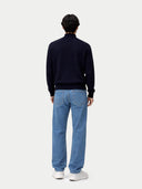 Timeless Mock Neck Cashmere Sweater Navy Blazer worn by model, back view, on white background
