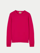 Women's Magenta Pink Cashmere Crewneck Sweater detail view on white background 